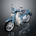 Blue and White Motorcycle with Rearview Mirrors on Black Background and Reflection