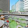 Modern Commercial Street Scene with Tall Glass Building Shops Vehicles Pedestrians and Urban Greenery