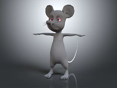 Gray Cartoon Mouse Standing With Open Arms Big Ears And Red Eyes 3d model