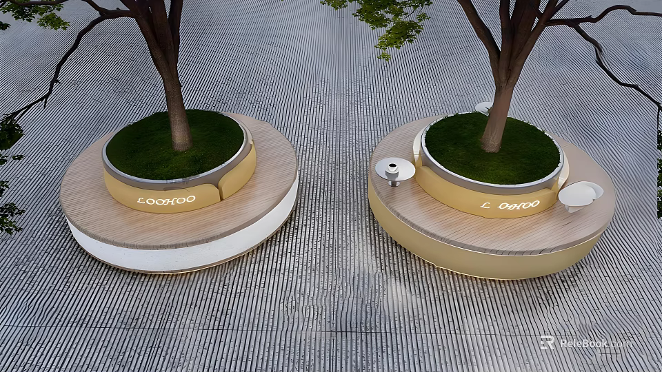 Circular Tree Planter Design With Grass Base And COOYOO Brand On Striped Ground 3d model