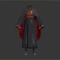 Fantasy Character Costume With Red And Gray Robe Golden Decorations And Cloak Boots