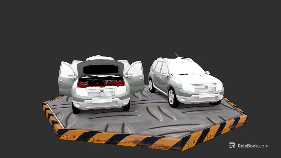 Two White SUVs One With Open Trunk And Another Front View On Warning Striped Platform 3d model 