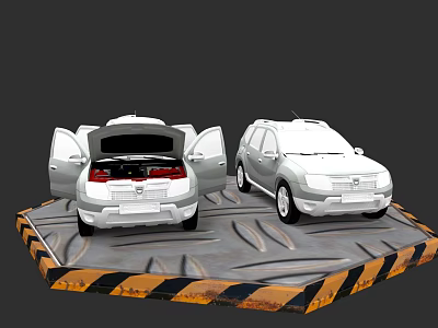 Two White SUVs One With Open Trunk And Another Front View On Warning Striped Platform 3d model