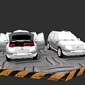 Two White SUVs One With Open Trunk And Another Front View On Warning Striped Platform
