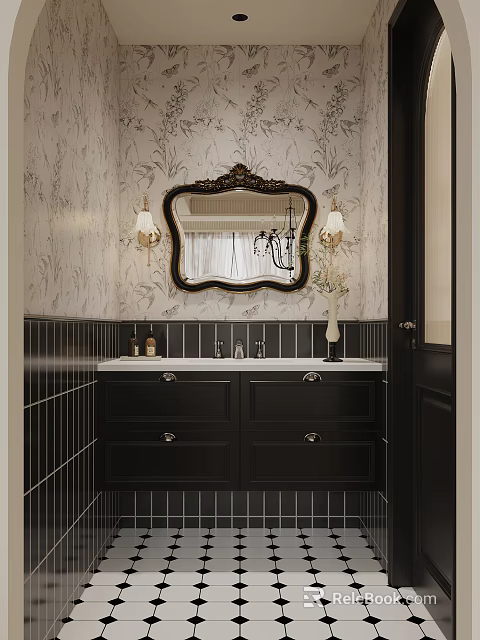 Elegant Modern Bathroom Interior With Decorative Mirror Wall Sconces And Black Vanity 3d model 