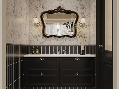 Elegant Modern Bathroom Interior With Decorative Mirror Wall Sconces And Black Vanity 3d model