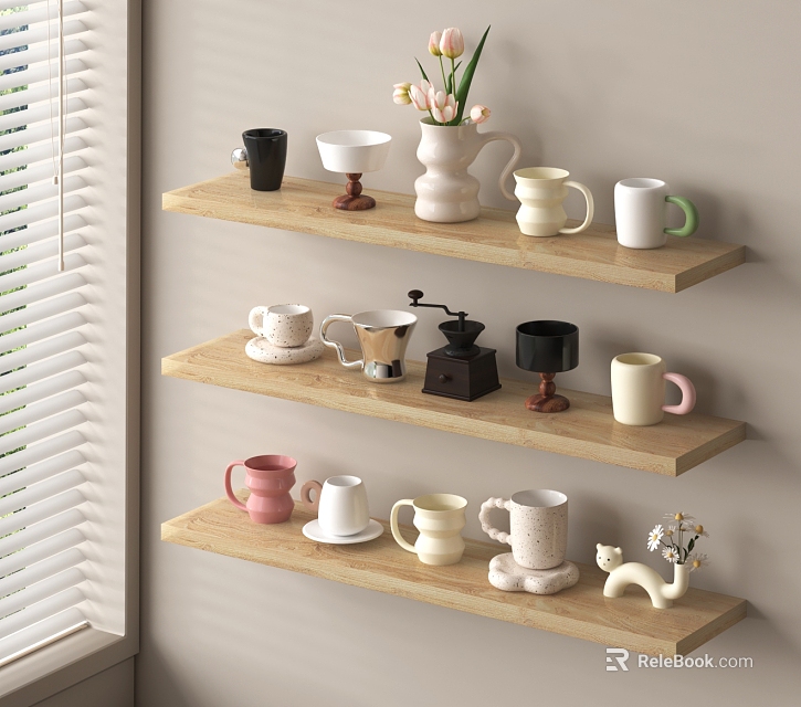 Stylish Cups And Mugs Display On Wooden Shelves With Vase Coffee Grinder And Cat Figurine 3d model 