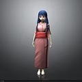 Anime Style Female Character 3D Model Featuring Blue Hair Pink Kimono Red Belt Design