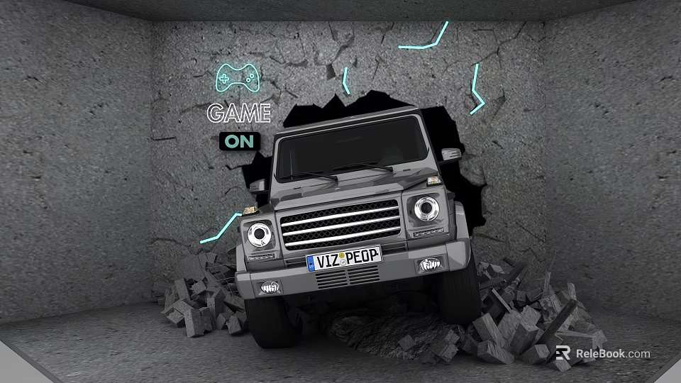 Game On Themed Car Crashing Through Gray Wall With Cracks And Glowing Lines 3d model 