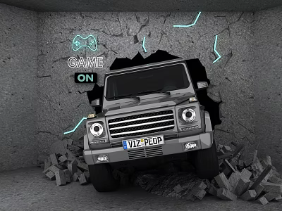 Game On Themed Car Crashing Through Gray Wall With Cracks And Glowing Lines 3d model