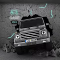 Game On Themed Car Crashing Through Gray Wall With Cracks And Glowing Lines
