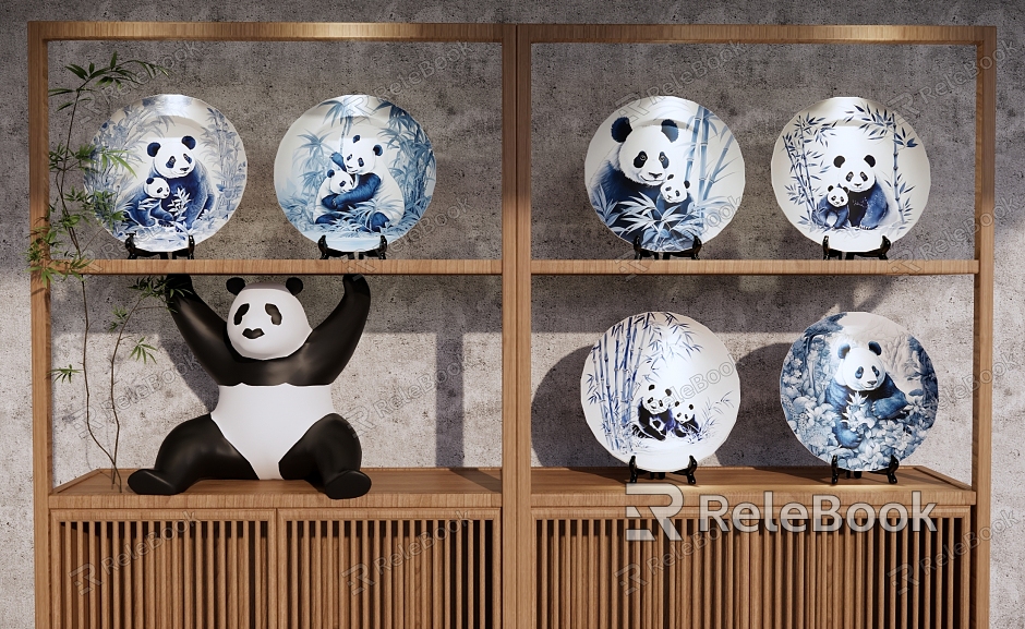 Porcelain Ornaments Blue and White Porcelain Porcelain Plate Panda Decoration Art Exhibition Cabinet Panda model