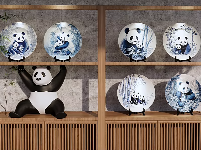 Blue and White Ceramic Plates with Panda Patterns Displayed on Wooden Shelves for Home Decor 3d model