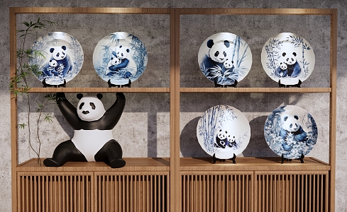 Porcelain Ornaments Blue and White Porcelain Plate Panda Decoration Art Exhibition Cabinet Panda 3d model