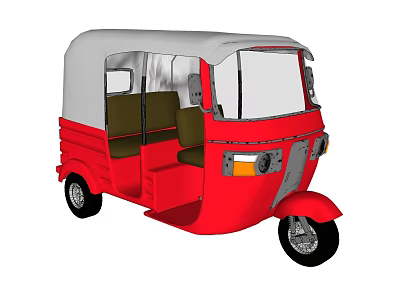 Red Three Wheeled Auto Rickshaw With White Canopy Seats And Windshield 3d model