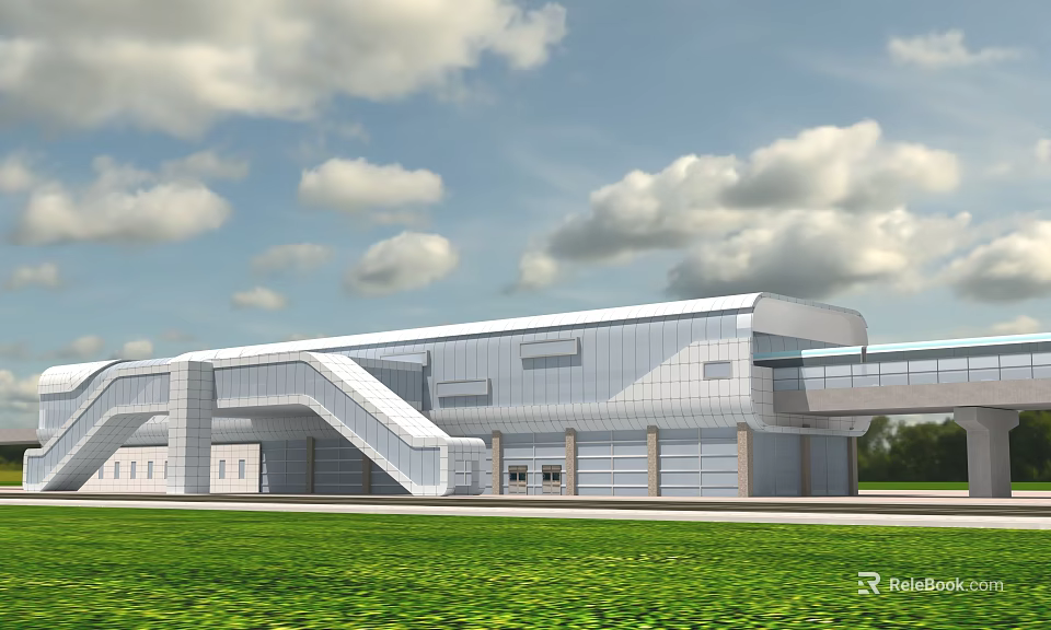 Modern Architectural Building Featuring Glass Facade Skybridge And Green Lawn Under Blue Sky 3d model 