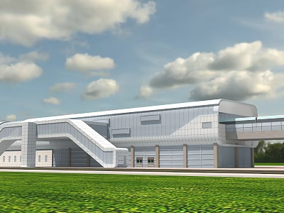 Modern Architectural Building Featuring Glass Facade Skybridge And Green Lawn Under Blue Sky 3d model