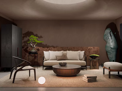 Modern Living Room Interior Design With Sofa Armchair Round Coffee Table Decorative Plant And Sculpture 3d model