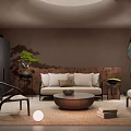 Modern Living Room Interior Design With Sofa Armchair Round Coffee Table Decorative Plant And Sculpture