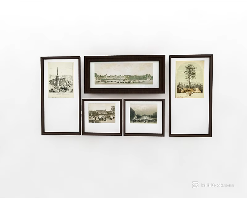 Five Abstract Paintings Framed In Dark Frames On White Wall 3d model 