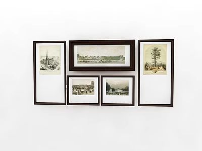 Five Abstract Paintings Framed In Dark Frames On White Wall 3d model