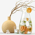 Elegant Bathtub Setup With Clay Vase Branches Glass Carafe Ice And Citrus Slices