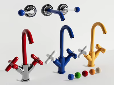 Modern Colorful Faucets in Red Blue Yellow with Unique Handles and Decorative Balls 3d model