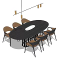 Modern Oval Dining Table Set With Six Chairs And Hanging Pendant Lights 3d model
