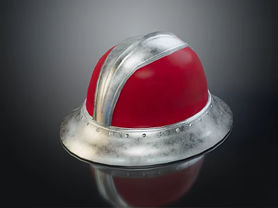 Red And Silver Metallic Helmet With Riveted Brim And Reflective Surface 3d model