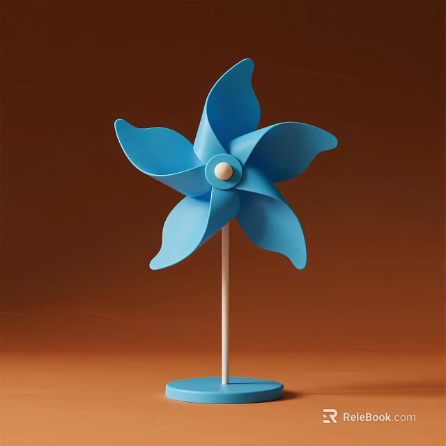 Blue Windmill Decorative Ornament Set With Blue Blades White Pole And Base On Brown Background 3d model 