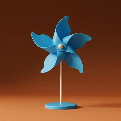 Blue Windmill Decorative Ornament Set With Blue Blades White Pole And Base On Brown Background 3d model