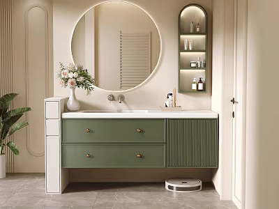 Modern Bathroom Interior With Round Mirror Green Vanity Drawers Vase Flowers Wall Shelf And Plant 3d model