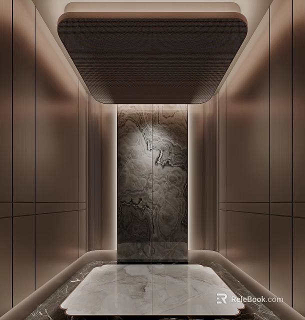 Modern Elevator Interior Design With Luxurious Textured Marble Panel And Warm Lighting 3d model