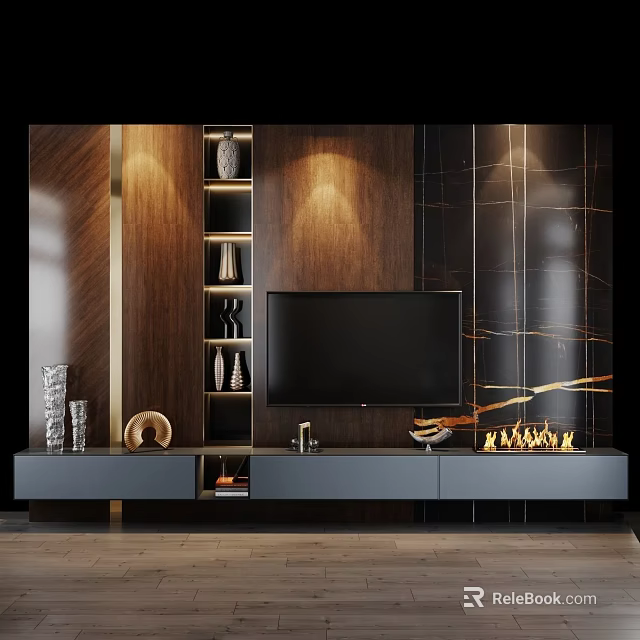 Modern TV Background Wall Design With Wooden Accents Marble Texture Fireplace And Lighting 3d model 