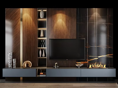 Modern TV Background Wall Design With Wooden Accents Marble Texture Fireplace And Lighting 3d model
