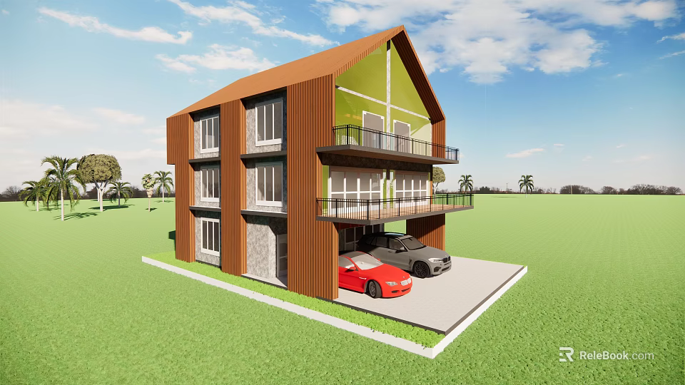 Two Story Detached House With Brown Beige Exterior Balcony Garage And Green Lawn 3d model 