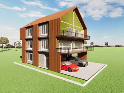 Two Story Detached House With Brown Beige Exterior Balcony Garage And Green Lawn 3d model