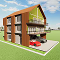 Two Story Detached House With Brown Beige Exterior Balcony Garage And Green Lawn