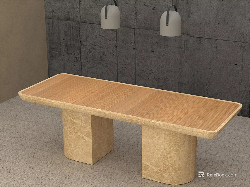 Modern Dining Table With Wooden Tabletop Marble Legs And Pendant Lights Against Gray Wall 3d model 