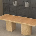 Modern Dining Table With Wooden Tabletop Marble Legs And Pendant Lights Against Gray Wall