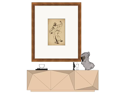 Interior Geometric Decorative Cabinet With Framed Artwork Dog Figurine And Glassware 3d model