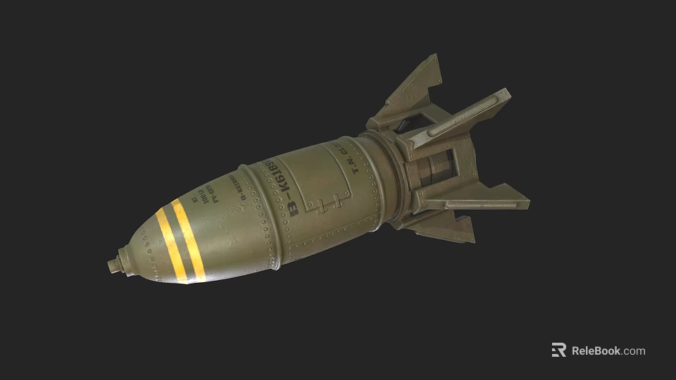 Military Weapon Green Bomb With Yellow Stripes And Metallic Rear Fins Structure Design 3d model 
