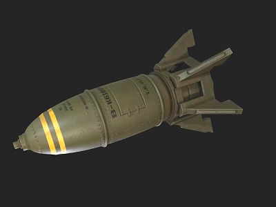 Military Weapon Green Bomb With Yellow Stripes And Metallic Rear Fins Structure Design 3d model