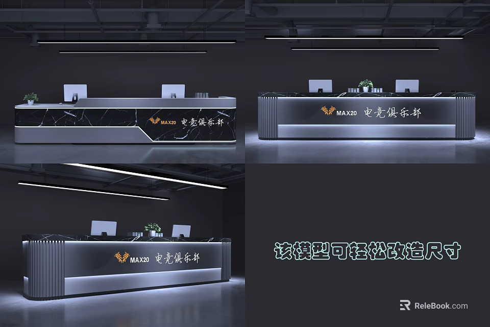 Modern Sleek Reception Desk Interior With Office Computers Green Plants And Lighting 3d model