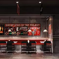 Stylish Restaurant Interior With Bar Counter Beer Spirits Bottles Pendant Lights And Red Black Decor