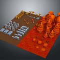 3D Model Scene With Orange Trees Gray Stone Blocks And Red Brown Ground Elements 3d model