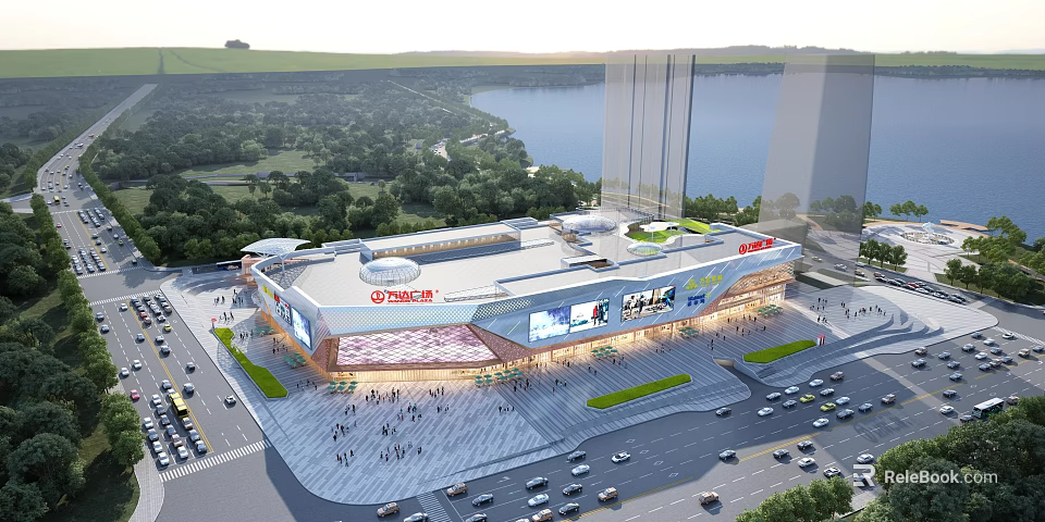 Modern Commercial Complex Featuring Lakefront Greenery Busy Pedestrians Parking Lots and Billboards 3d model 