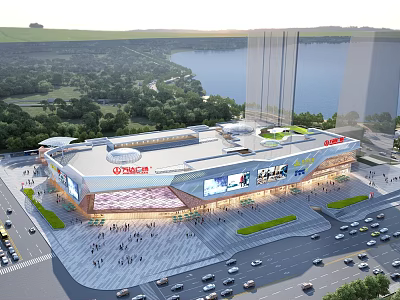 Modern Commercial Complex Featuring Lakefront Greenery Busy Pedestrians Parking Lots and Billboards 3d model