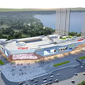 Modern Commercial Complex Featuring Lakefront Greenery Busy Pedestrians Parking Lots and Billboards