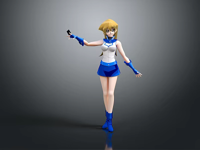 3D Model Female Character With Blonde Hair In Blue And White Outfit Holding Black Object 3d model